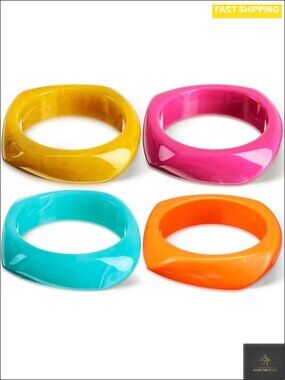 Acrylic Resin Square Bangle Bracelet Set Wide Geometric Retro Wristbands Women
